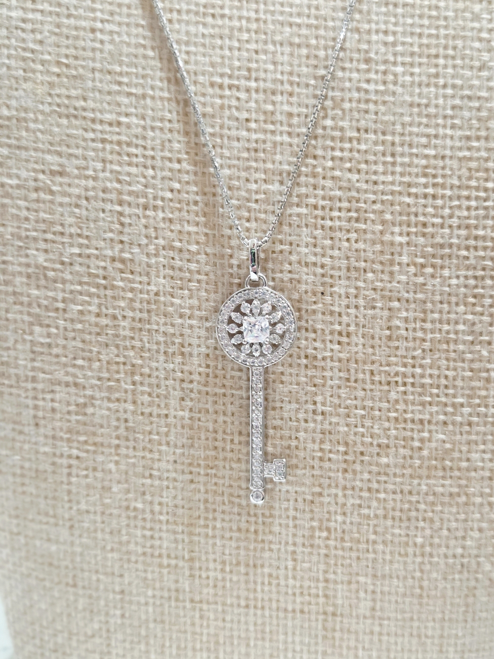 Silver Key Pendant Necklace - Sparkling Crystal Key Charm